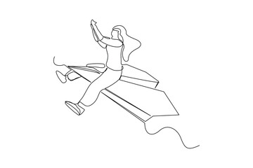 Continuous single one line drawing of business woman ride paper plane to reach business achievement growth goal successful. Vector illustration sketch art concept