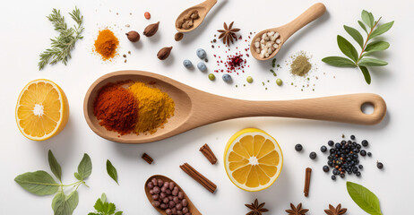 wooden spoon with vibrant spices and herbs scattered around it on a white marble countertop, generative ai