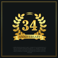 34 year anniversary celebration logo gold color design on black background abstract illustration  