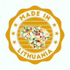 Made In Lithuania. Country round stamp. Seal of Lithuania with border shape. Vintage badge with circular text and stars. Vector illustration.
