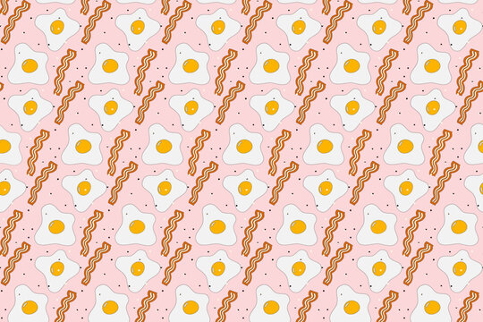 Bright Seamless pattern of fried egg with bacon stripes and spices in cartoon style. Fast breakfast