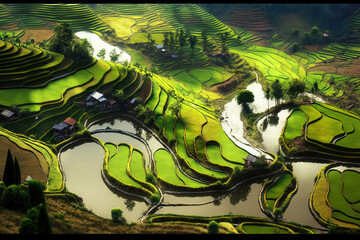 View from Above of a Terraced Rice Field in Bandung, West Java, Indonesia, Asia, generative AI.