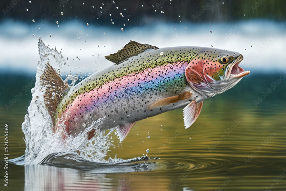 Sticker rainbow trout fish jumping out of river water made by generative ai