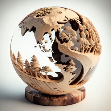 Illustration of a wooden globe - Decoration - Created with generative ai