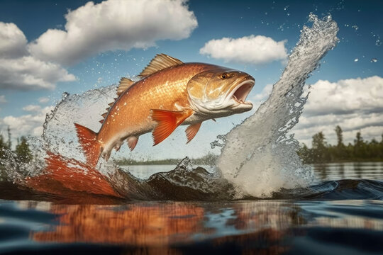 redfish jumping out of river water made by generative ai