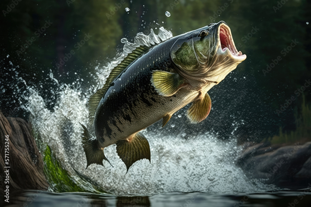Wall mural black bass fish jumping out of river water made by generative ai - Wall murals