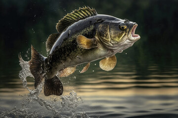 black bass fish jumping out of river water made by generative ai