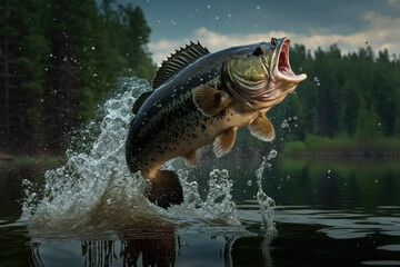 black bass fish jumping out of river water made by generative ai