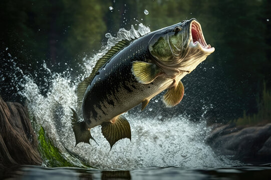 black bass fish jumping out of river water made by generative ai Stock  Illustration