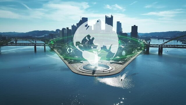 Orbiting globe animation in front of city. Aerial drone shot, 3D computer generated graphic on eco city. Environment protection and sustainability theme. Global warming and climate change concept.