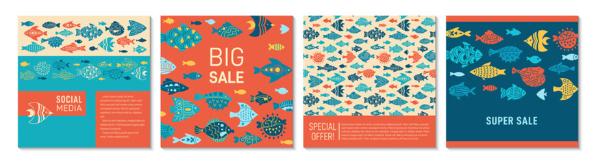 Fototapeta na wymiar Abstract fish trendy cover, square card design set. Exotic nautical pattern page flyer, notebook with ornamental aquarium animals fishes. Brochure social media sea catalog. Decorative page background
