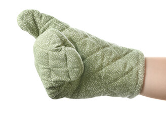 Chef in oven glove on white background, closeup