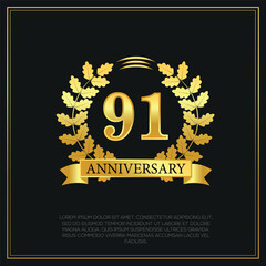 91 year anniversary celebration logo gold color design on black background abstract illustration  