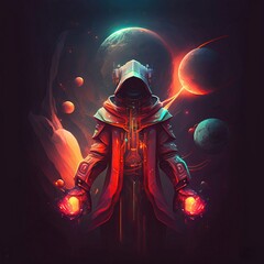 cyborg magician, wear robe, cosmos magic in hand.  magic art style. Generative AI