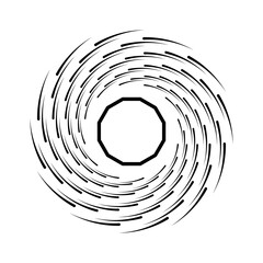 Black abstract speed lines in vortex form. Geometric art. Digital image. Trendy design element for border frame, round logo, tattoo, sign, symbol, badge, social media, prints, template, flyer