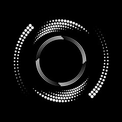 White halftone dots and stripes in circle form. Geometric art. Vector illustration. Design element for border frame, round logo, tattoo, sign, symbol, badge, social media, prints, template, flyer