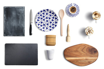 The breakfast set for the cafe consists of plates,spoon, forks, knife, coffee cups, placemats, planks, chalkboards, stone slabs on a transparent background.
