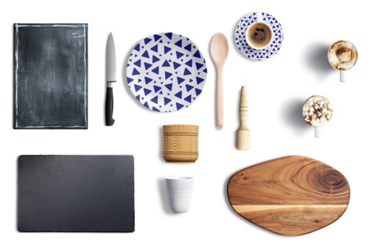 The breakfast set for the cafe consists of plates,spoon, forks, knife, coffee cups, placemats, planks, chalkboards, stone slabs on a transparent background. - Powered by Adobe