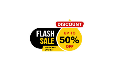 50 Percent FLASH SALE offer, clearance, promotion banner layout with sticker style. 
