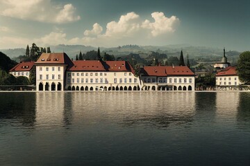 Obraz na płótnie Canvas Wasserburg am Bodensee - Ausblick auf die idyllische Halbinsel mit Schloss, Malhaus und Anlegestelle. Generative AI