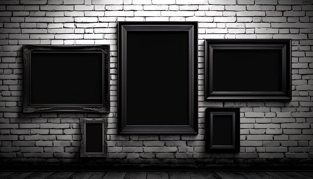 Group of blank black picture frame on the old brick wall with copy space. Made with Generative Ai