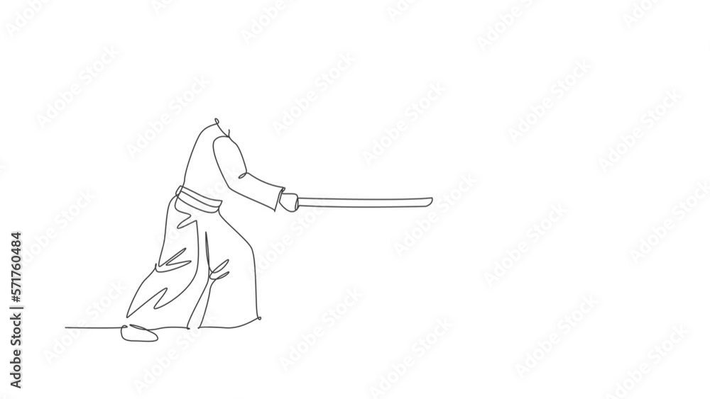 Poster animated self drawing of one continuous line draw man aikido fighter practice fighting pose using wo