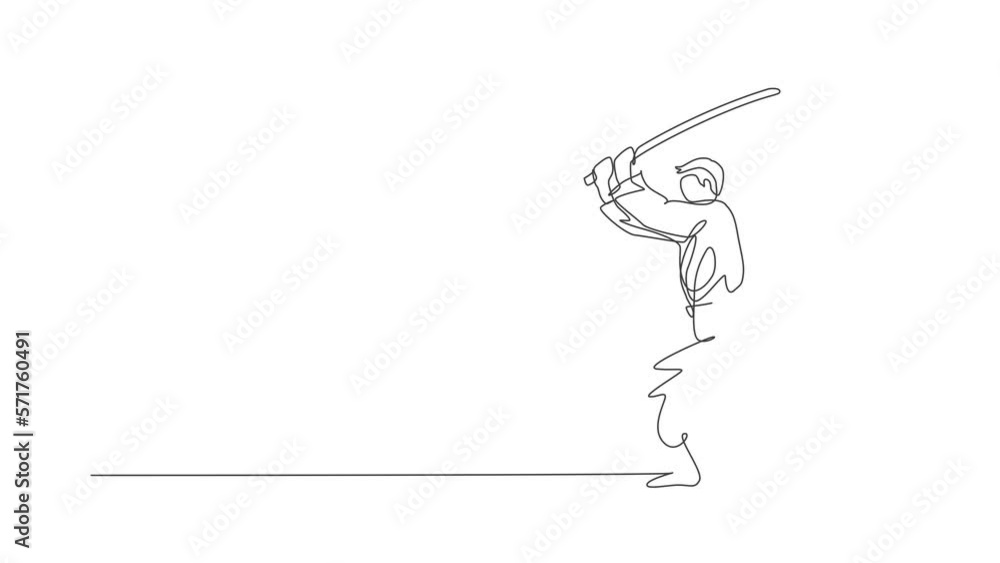 Poster animated self drawing of continuous line draw man aikido fighter practice fighting with wooden sword
