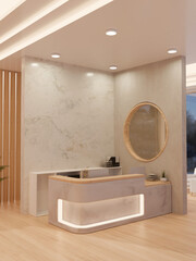 Interior design of a beautiful elegance reception area with luxury white marble counter and wall