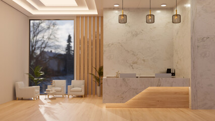 Elegance modern reception interior in white marble and wood style with waiting area