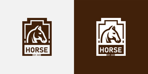 Vector of a horse head design. Luxury smooth badges square style animal horse logo.