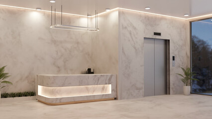 Interior design of a modern elegance office building hall with reception desk, pendant, elevator © bongkarn