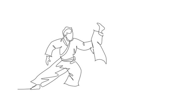 Animated self drawing of single continuous line draw two young sportive men wearing kimono practice throeing in aikido fighting technique. Japanese martial art concept. Full length one line animation.