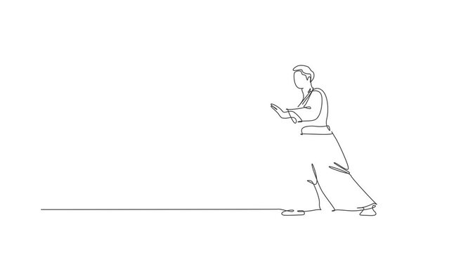 Animation of one line drawing of young energetic man wearing kimono exercise aikido technique in sports hall. Healthy lifestyle sport concept. Continuous line self draw animated. Full length motion.