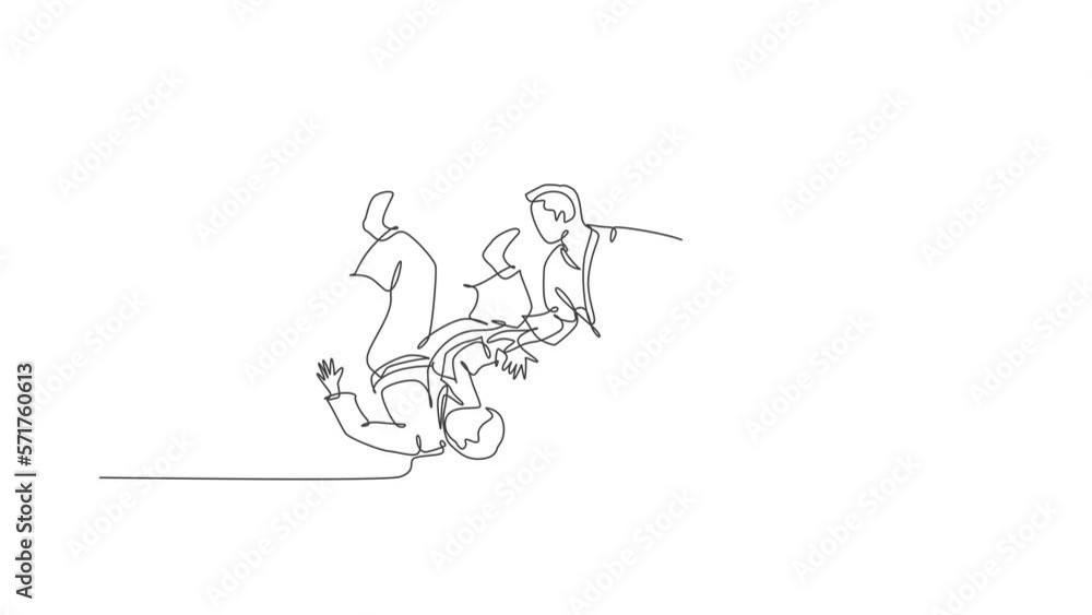 Poster animated self drawing of one continuous line draw young man aikido fighter practice fighting techniq