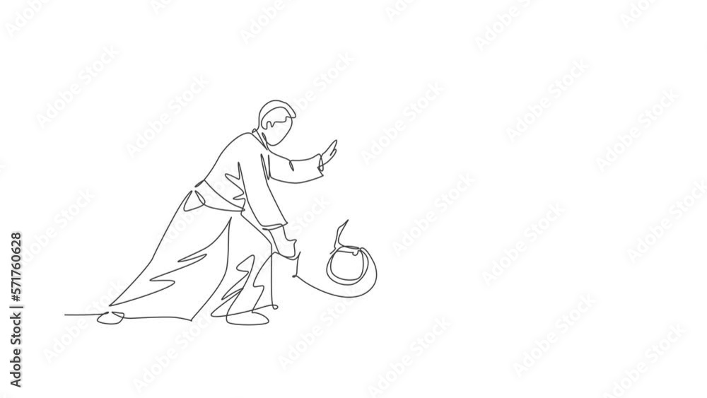 Poster animated self drawing of one continuous line draw two young man aikido fighter practice throw techni
