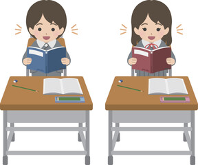 学習机に向かい起立して本を読む制服の児童