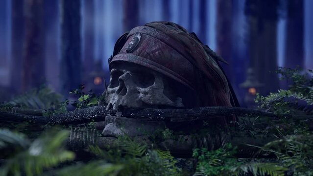 Pirate human skull with snake and ancient ruins in the jungle, exploration and adventure concept.
