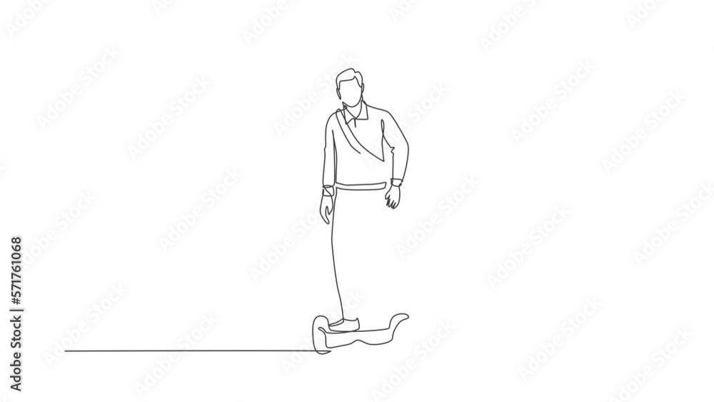 Poster animated self drawing of one continuous line draw young happy worker man stand and ride hoverboard t