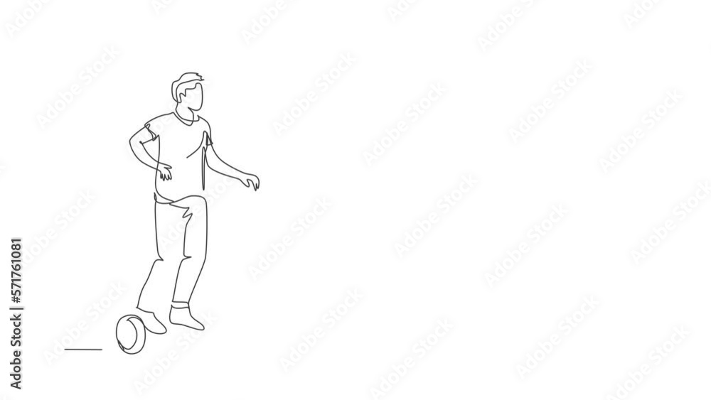 Aufkleber animated self drawing of single continuous line draw young happy man riding hoverboard at public are
