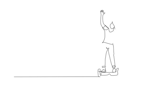 Animation of one line drawing of energetic man riding hoverboard at city park. Future gyro scooter transport. Healthy urban lifestyle concept. Continuous line self draw animated. Full length motion.
