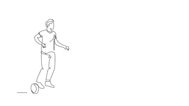 Animated self drawing of single continuous line draw young happy man riding hoverboard at public area. Eco friendly gyroscooter transportation. Urban lifestyle concept. Full length one line animation.
