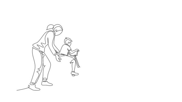 Animation of one line drawing of young mother teaching her son riding bicycle at public park. Motherhood lesson. Urban family time concept. Continuous line self draw animated. Full length motion.