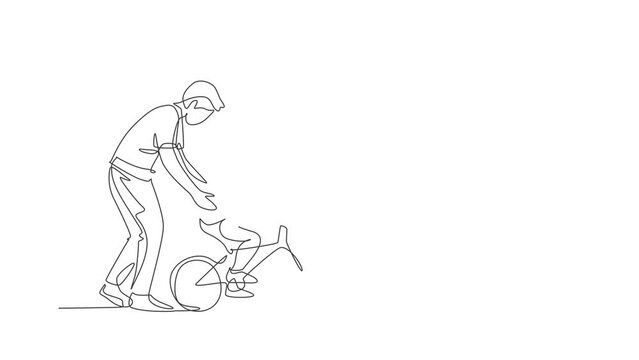 Animated self drawing of one continuous line draw young father help his boy kid learning to ride a bicycle at countryside together. Parenthood lesson concept. Full length single line animation.