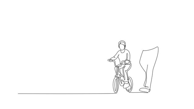 Animated self drawing of continuous line draw young father help his son learning to ride a bicycle at countryside together. Parenthood lesson concept. Full length single line animation illustration.