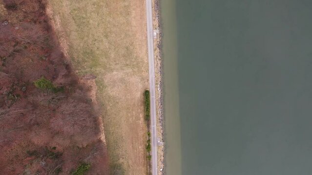 Bird's eye view aerial view over a river. On the left is the autumn forest, in the middle is a small road and on the right is the Danube