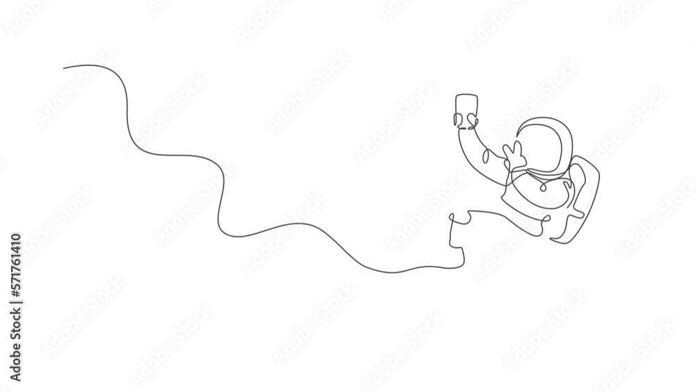 Poster animated self drawing of continuous line draw floating science astronaut in spacewalk pose selfie us