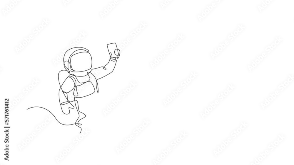 Poster animated self drawing of one continuous line draw cosmonaut exploring outer space. astronaut selfie 