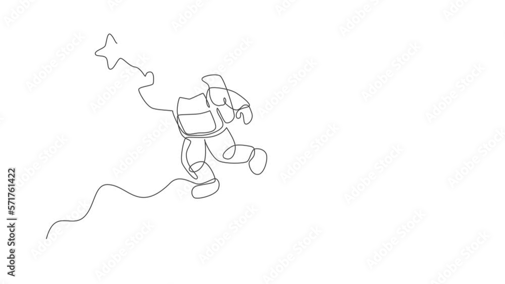 Poster animated self drawing of continuous line draw cosmonaut exploring outer space. astronaut reaching fl