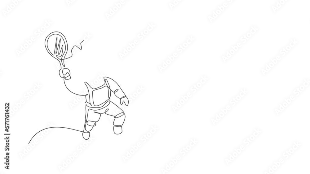 Poster animated self drawing of continuous line drawing of floating science astronaut in spacewalk hitting 