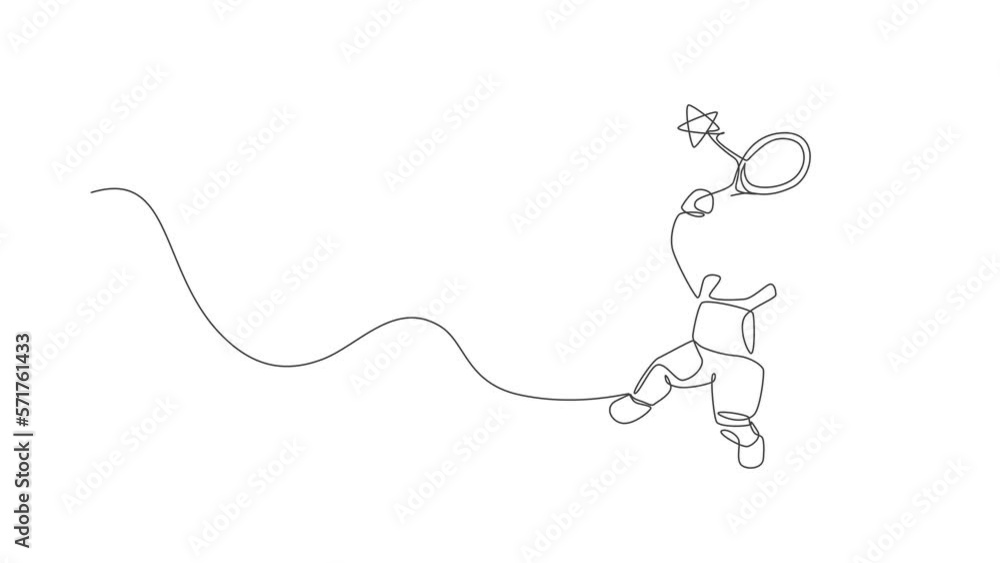 Poster animated self drawing of one continuous line draw cosmonaut exploring outer space. astronaut hitting